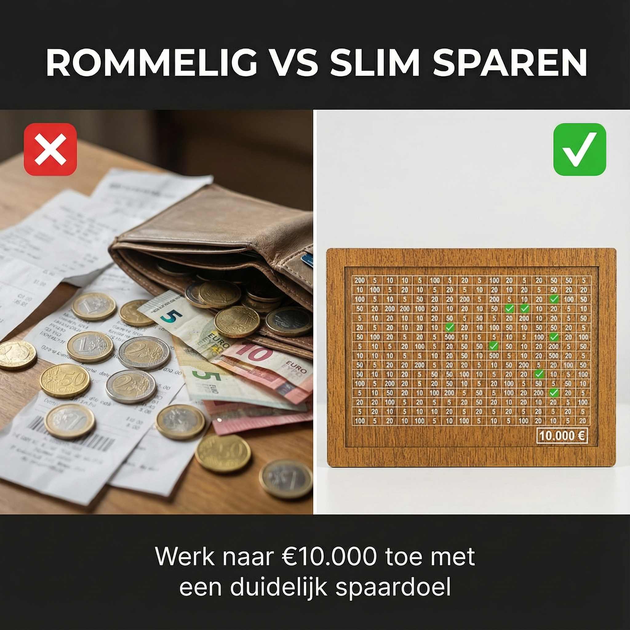 10.000€ Spaarpot van Hout - Slim Sparen met Afvinkrooster